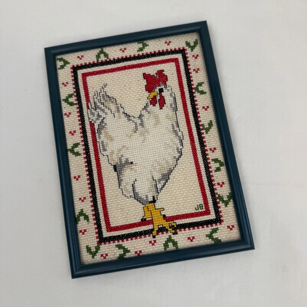 Vintage Handmade Framed Rooster Cross Stitch Needlepoint Farmhouse Decor JB